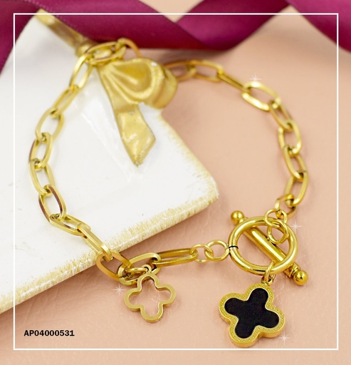 [AP04000531] PULSERA GRUESA DIJE FLOR 4 PETÁLOS NEGRA