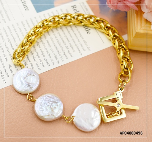 [AP04000496] PULSERA GRUESA TRES PIEDRAS BLANCAS PLANAS REDONDAS