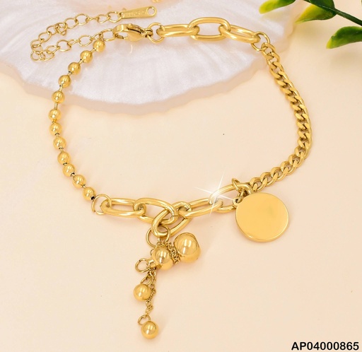 [AP04000865] PULSERA MARTILLADA/ESFERAS DIJE:PLACA RD/ESFERA DORADA