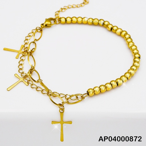 [AP04000872] PULSERA MITAD ESFERAS DOR/DOBLE DIJES CRUCES LISAS
