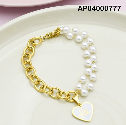 [AP04000777] PULSERA MITAD ESLABONES/MITAD DOBLE PERLAS🤍"FÉ"