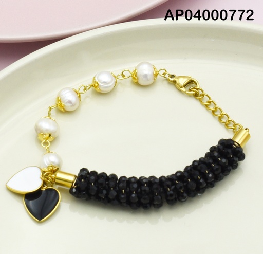 [AP04000772] PULSERA MITAD PERLAS/MITAD RUEDAS NEGRAS DIJE:🖤