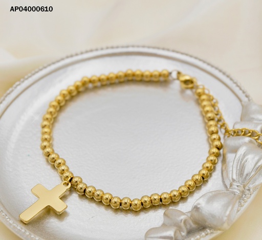 [AP04000610] PULSERA PELOTITAS DORADAS DIJE CRUZ GRANDE LISA