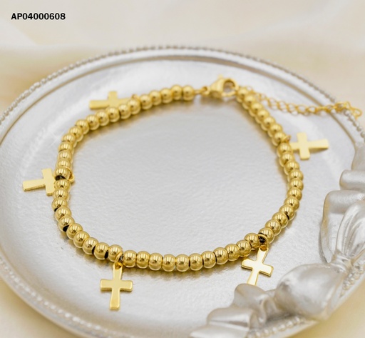 [AP04000608] PULSERA PELOTITAS DORADAS DIJES PLACAS CRUCES