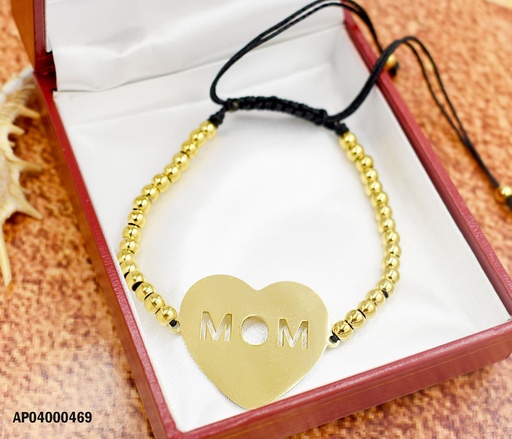 [AP04000469] PULSERA PELOTITAS DORADAS EN HILO NEGRO,DIJE ♥ "MOM"