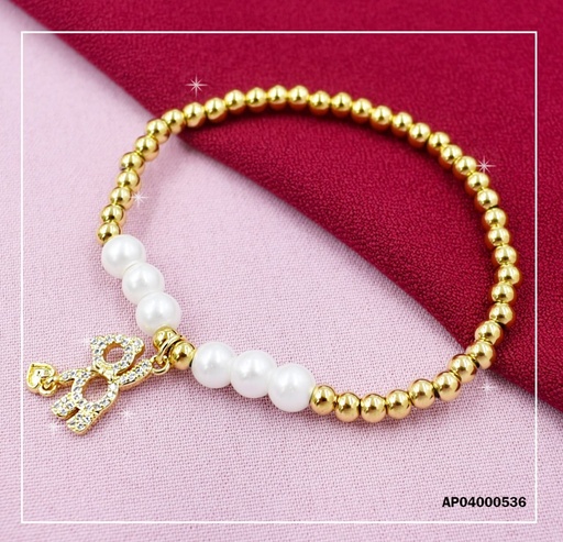 [AP04000536] PULSERA PELOTITAS DORADAS, BLANCAS AL CENTRO DIJE CROQUI OSO