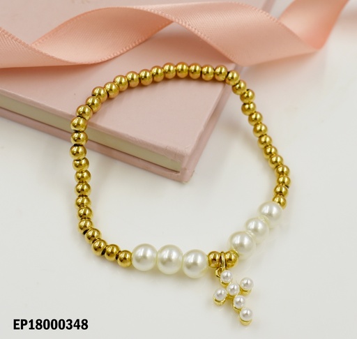 [EP18000348] PULSERA PELOTITAS DORADAS,CENTRO Y DIJE PERLAS CRUZ