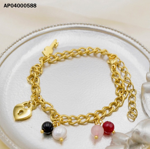 [AP04000588] PULSERA PELOTITAS DORADAS/DE COL DIJE:LLAVE Y CORAZÓN