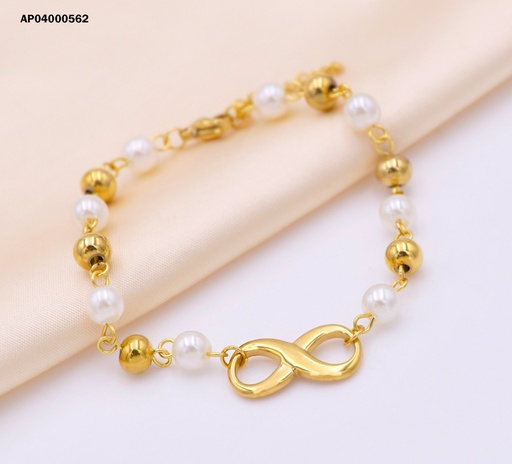 [AP04000562] PULSERA PELOTITAS DORADAS/PERLA DIJE INFINITO