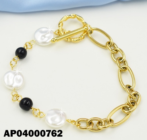 [AP04000762] PULSERA PELOTITAS NEGRAS/BLANCAS RD CANDADO Ø