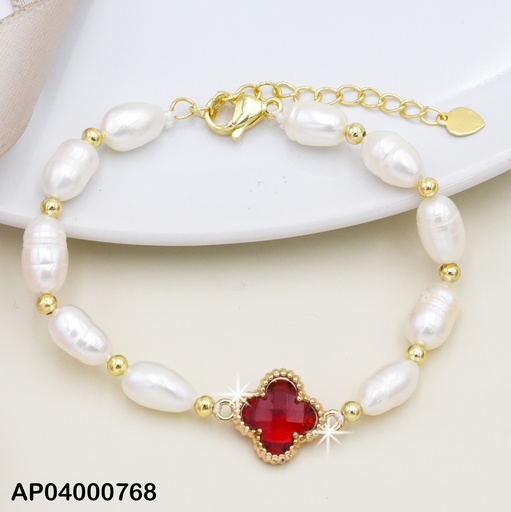 [AP04000768] PULSERA PERLAS CULTIVADAS CENTRO ROMBO FLOR ROJO