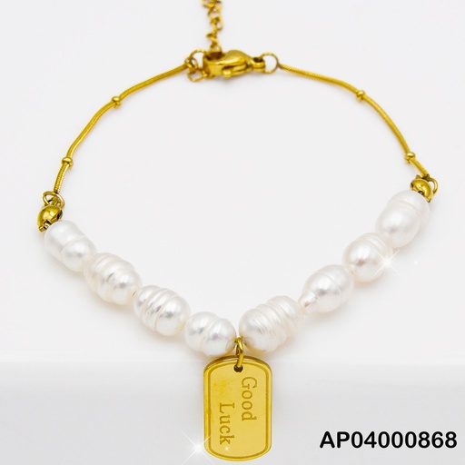 [AP04000868] PULSERA PERLAS CULTIVADAS DIJE PLACA MILITAR"GOOD LUCK"