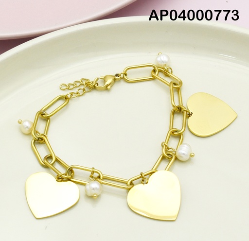 [AP04000773] PULSERA PLACAS CORAZÓN GRANDES Y PERLAS CULTIVADAS