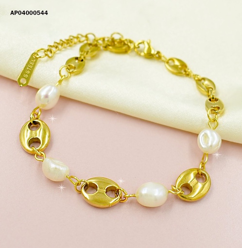 [AP04000544] PULSERA PULSERA ESLABONES OVALOS CON DOS ORIFICIOS CILINDRO Y CORAZONES BLANCO/
