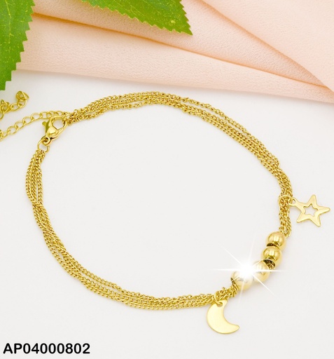 [AP04000802] PULSERA TRIPLE CADENITA 🟡🟡🟡🟡COLGANTES MEDIA LUNA/ESTRELLA