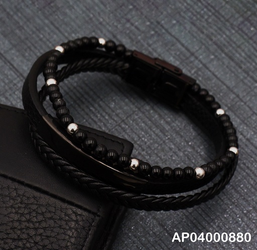 [AP04000880] PULSERA TRIPLE CUERO-ACERO PARA CABALLERO (PLATEADA)