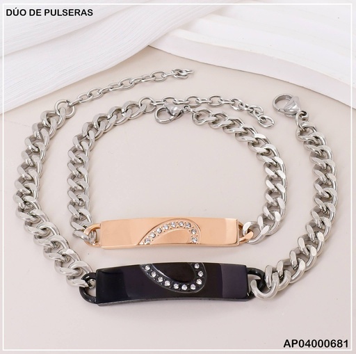 [AP04000681] PULSERAS P/PAREJA GRUESAS PLACAS NEGRA/ROSE MEDIO♡ ZIRC
