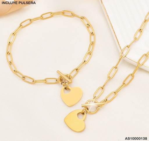 [AS10000138] SET CADENA/PULSERA ESLABONES LARGOS DIJES:PLACA CORAZÓN CALADO