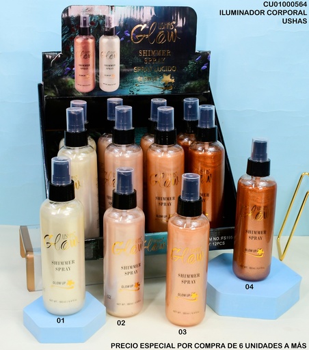 [CU01000564] SPRAY LÍQUIDO SHIMMER GLOW USHAS 180ML FS195 SURTIDOS
