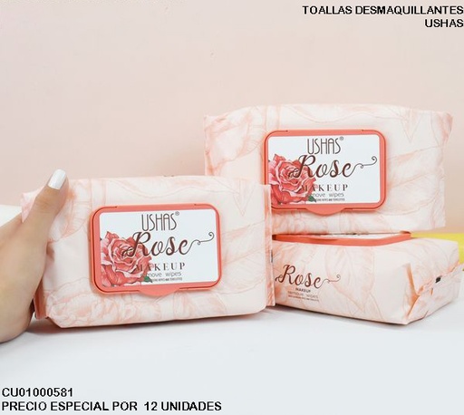 [CU01000581] 60 TOALLAS REMOVEDORA DE MAQUILLAJE ROSAS USHAS WP017