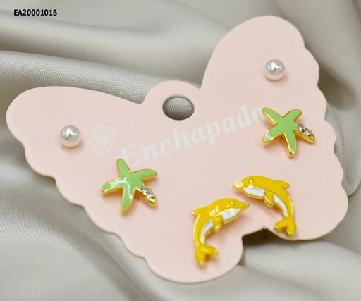 [EA20001015] TRÍO ARETES CARTÓN MARIPOSA PERLITAS/ESTRELLA MAR/DELFÍN