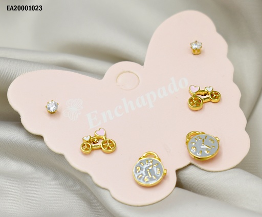 [EA20001023] TRÍO ARETES CARTÓN MARIPOSA ZIRCONIA/BICICLETA/RELOJ
