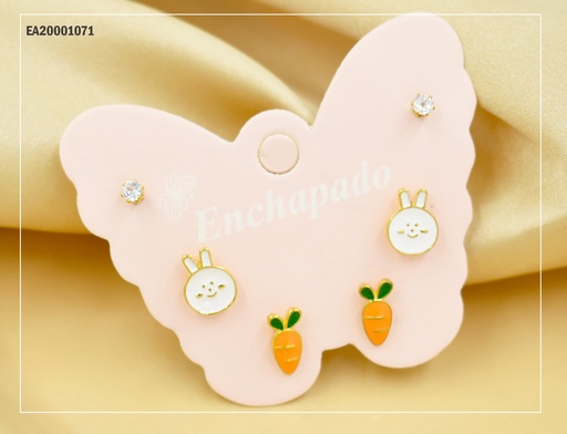 [EA20001071] TRÍO ARETES CARTÓN MARIPOSA ZIRCONIA/CONEJO BLANCO/ZANAHORIA (P.E.NOV2025)