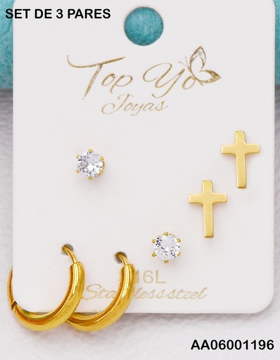 [AA06001196] TRÍO ARETES ZIRCONIAS/CRUZ LISA/ARGOLLITAS